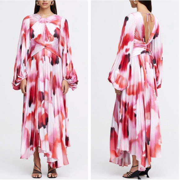 Acler Dresses & Skirts - NEW Acler Dalliey Midi Long Sleeves Dress AU8/US4 Red Pink Abstract Floral Blush